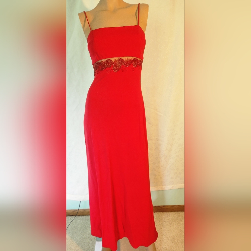 Elegant Red Rimini By Shaw Maxi Dress with Beads Detail